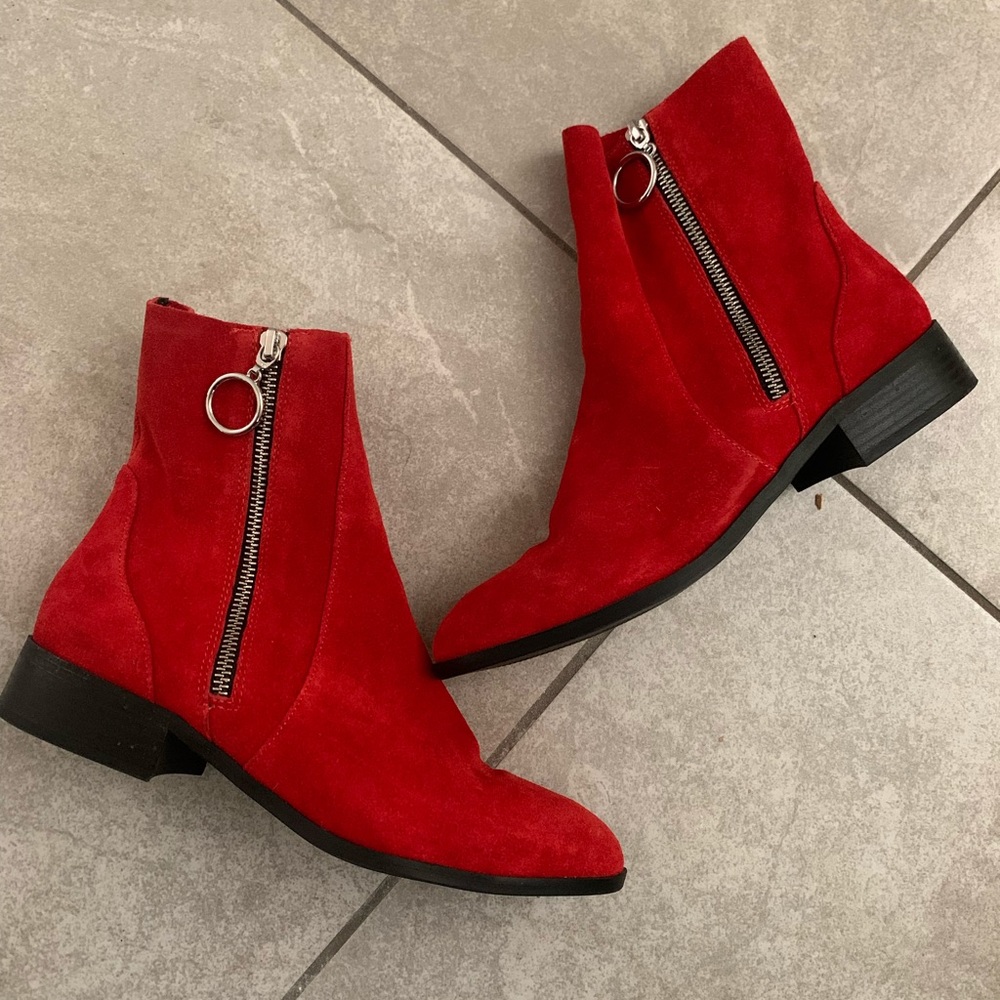 Topshop Red Suede Zippered Ankle Boots (size 38)